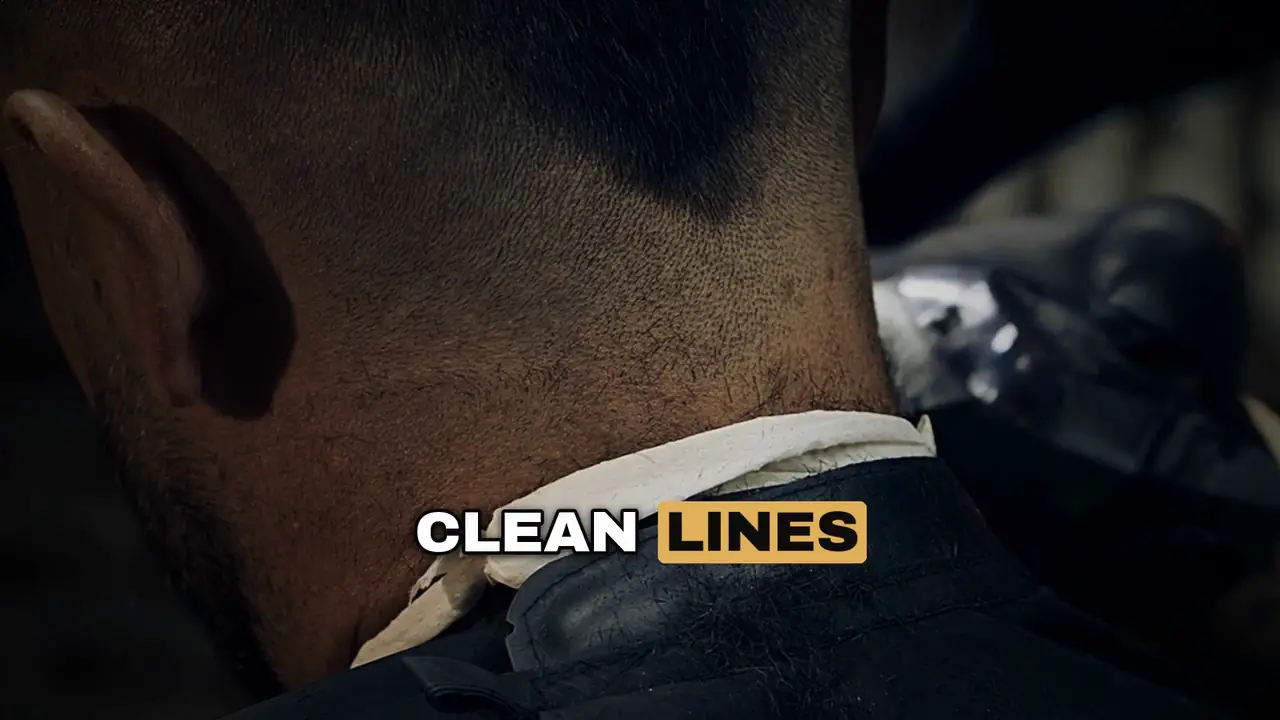 Corvel Barbers final cut: a gloved barber shaping a man’s hair, captioned “Clean lines”.