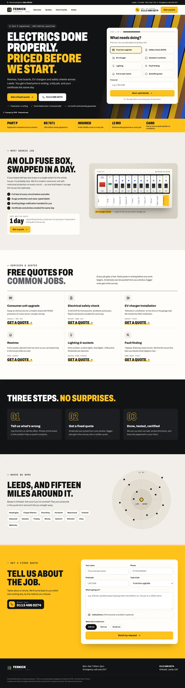 Full-length Fennick Electrical concept homepage: hero with quote card, yellow credentials strip, illustrated consumer unit, services with quote actions, three-step process, service-area map and quote form.