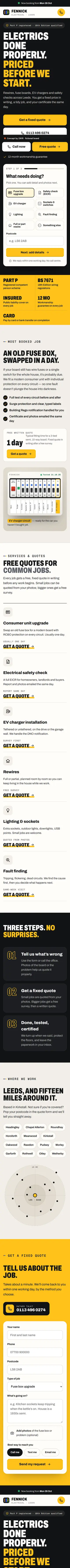 Full-length Fennick Electrical concept homepage on a phone.
