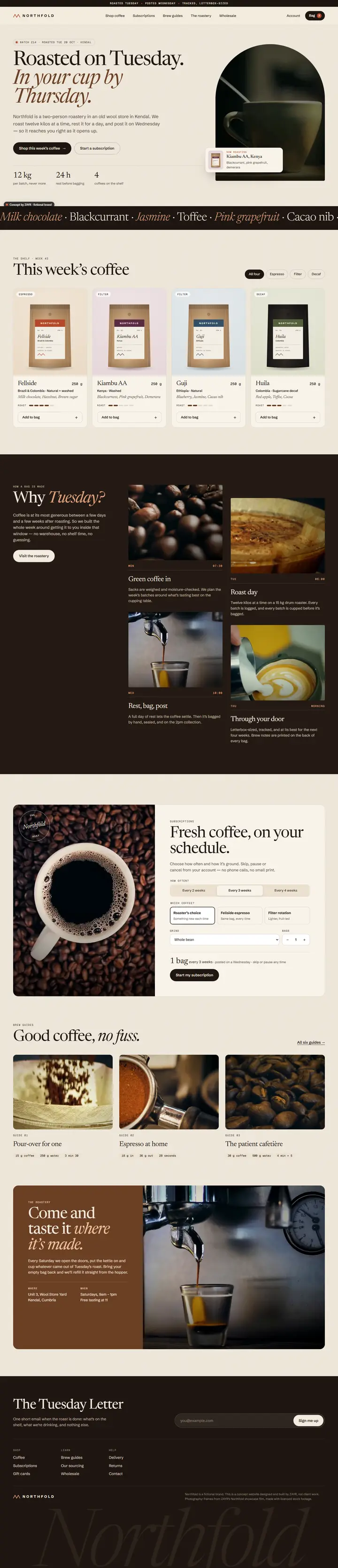 Full-length Northfold concept homepage: hero, tasting-notes band, four coffee bags with roast notes, “Why Tuesday?” week timeline, subscription builder, brew guides, roastery visit and footer.