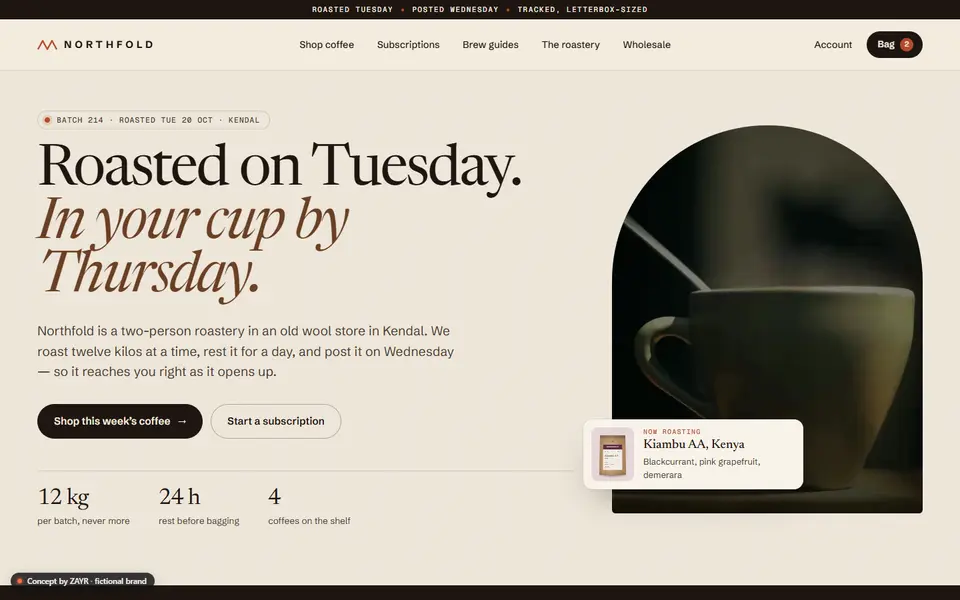 Northfold website homepage: a small-batch coffee roaster