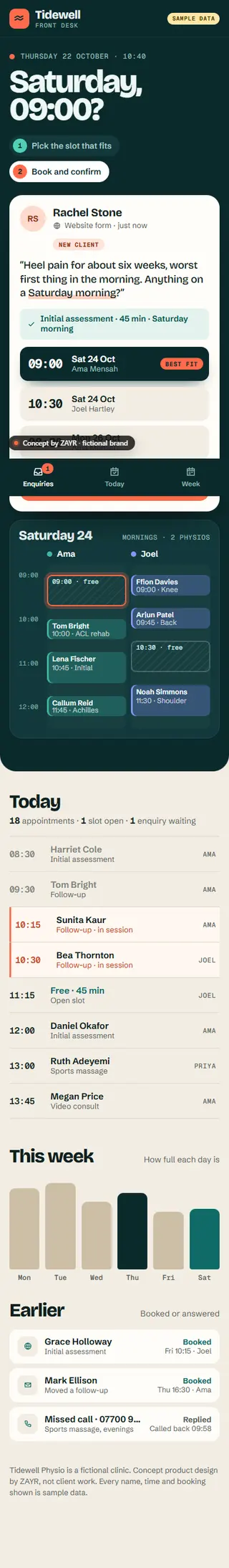 Full-length capture of the Tidewell Front Desk concept on a phone: enquiry card, Saturday diary, today’s list and the week. Sample data.